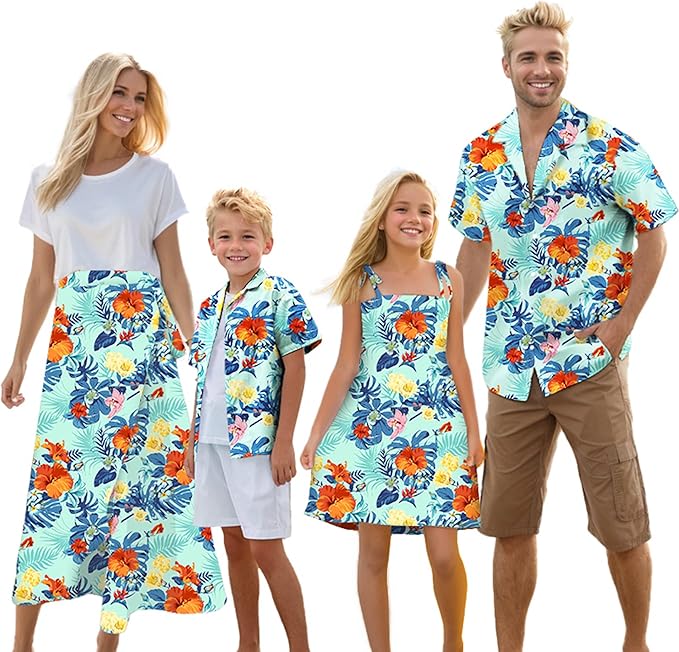 Cromoncent Matching Hawaiian Outfits for Family, Dad and Son Matching Luau Beach Tropical Shirts Mommy Daughter Tropical Sets
