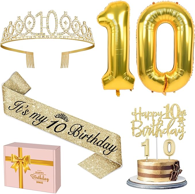 10th Birthday Decorations for Girls Gold with10th Birthday Sash and Tiara, Cake Topper andCandles, Number Balloons, 10 Year Old Gifts for Girls