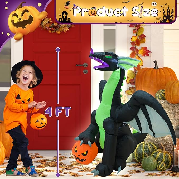 4FT Dinosaur Halloween Inflatable Halloween Blow Up Decoration with LED Lights Indoor Outdoor Yard Graden Holiday Party Decor