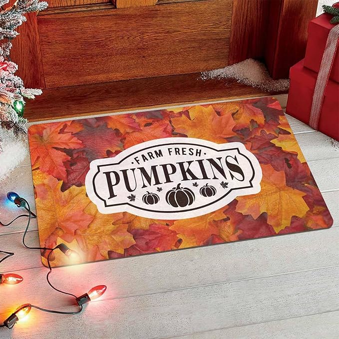 InterestPrint Thanksgiving Doormat Fall Door Mat, Fall Maple Leafs Welcome Door Mats Outdoor Indoor Autumn Leaves Doormat, Harvest Pumpkin Door Rug for Thanksgiving Farmhouse Decor