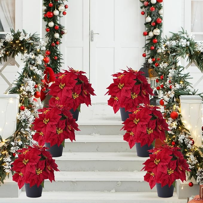 16" Poinsettias Artificial Christmas Flowers 11 Heads Fake Poinsettia Plants for Home Porch Garden Office Indoor Outdoor Christmas Winter Decorations Red