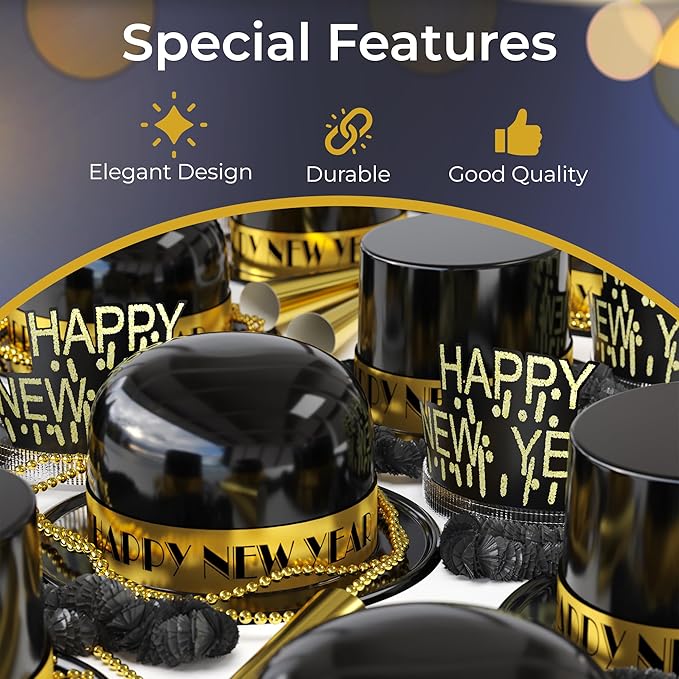 Crown Display New Years Eve Party Supplies 2026 I 250 Pcs I Black and Gold Top Hats Tiaras Bead Necklace Noise Makers I 2026 New Years Decorations Happy New Year Decorations 2026 Bulk Party Favors