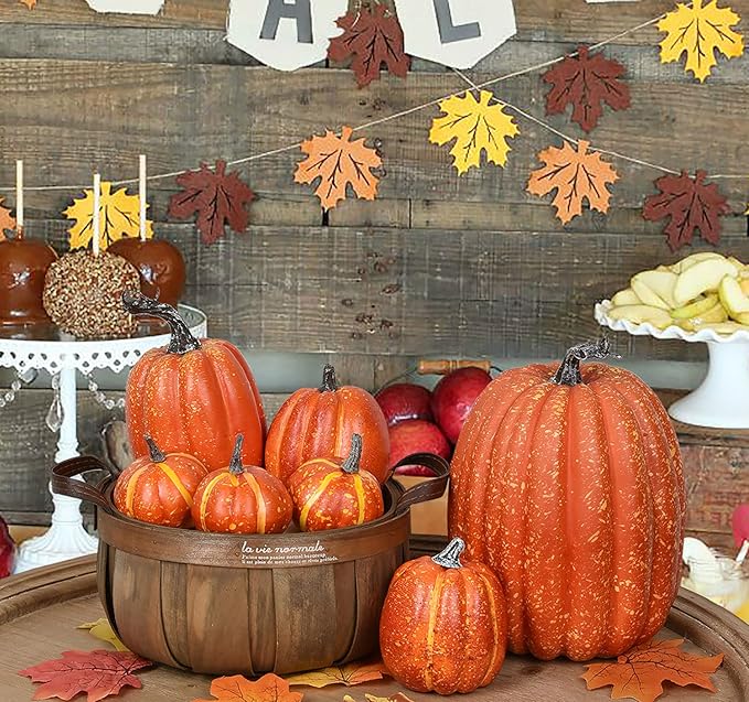 Lvydec Artificial Pumpkins Set Harvest Decoration, 7pcs Assorted Size Orange Pumpkins Realistic Large Pumpkins for Halloween Thanksgiving Autumn Festive Party Supplies (Orange)