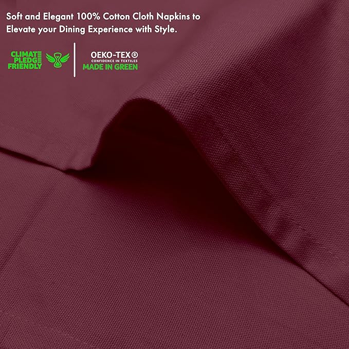 Ruvanti Premium Cloth Napkins Set of 12, 18x18 Inches, 100% Cotton, Washable, Soft & Absorbent, Perfect for Wedding, Christmas, Thanksgiving Dinners - Burgundy