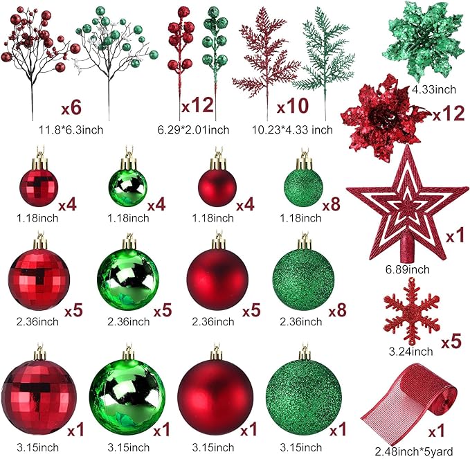 Sratte 94 Pcs Christmas Tree Decorations Set, Christmas Tree Ball Ornaments Glitter Poinsettia Flowers Decorations Glitter Berries Stems for Xmas Holiday Wedding(Red, Green)