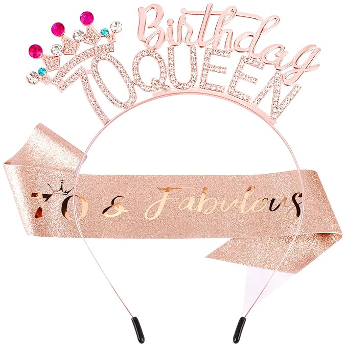 VELSCRUN 70th Birthday Queen Headband, Tiara Crown for Women, 70th Birthday Decorations for Her, Birth Queen Tiaras Crowns Sash for Women Mom Birth Party Decoration Hair Accessories Rose Gold