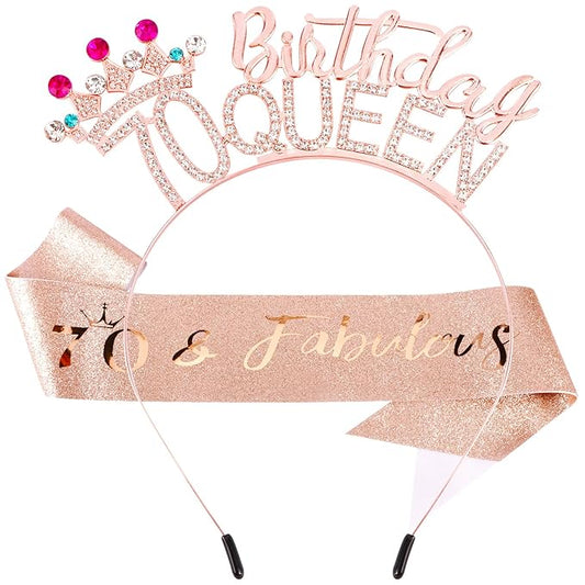 VELSCRUN 70th Birthday Queen Headband, Tiara Crown for Women, 70th Birthday Decorations for Her, Birth Queen Tiaras Crowns Sash for Women Mom Birth Party Decoration Hair Accessories Rose Gold