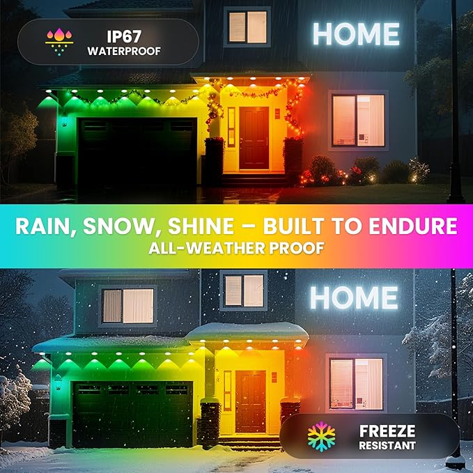 Permanent Outdoor Lights for House, 100 FT RGBIC all year house lights outdoor with Splitter & Bluetooth Remote, DIY via App for Music Sync, IP67 Waterproof Expandable LED Lights for Eaves, Lanai.