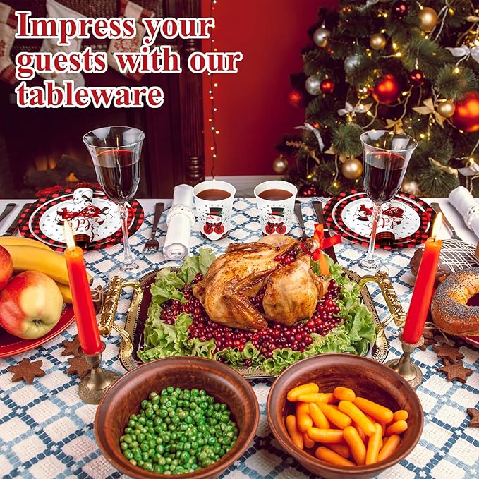 250 Pcs Christmas Snowman Paper Plates and Napkins Party Supplies Red Black Buffalo Plaid Winter Disposable Tableware Set for Christmas Winter Holiday Xmas Party Decoration