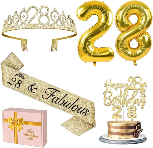 28th Birthday Decorations for Women Gold with Tiara, Sash, Cake Topper, Candles, Balloons, 28th Birthday Gifts for Women