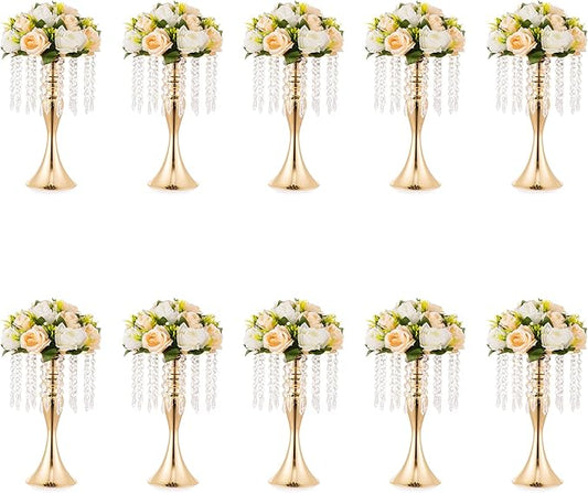 10 Pcs Gold Vases for Centerpieces, 13.8in Crystal Flower Arrangement Stand, Wedding Centerpieces for Tables, Tall Metal Flower Vase Holders for Wedding, Event, Reception, Birthday, Home Decor