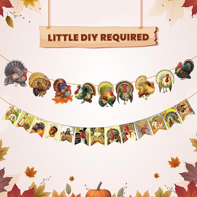 KatchOn, Vintage Thanksgiving Banner - 10 Feet, 2 Strings | Turkey Banner for Turkey Decoration | Vintage Thanksgiving Decorations Indoor, Harvest Decorations