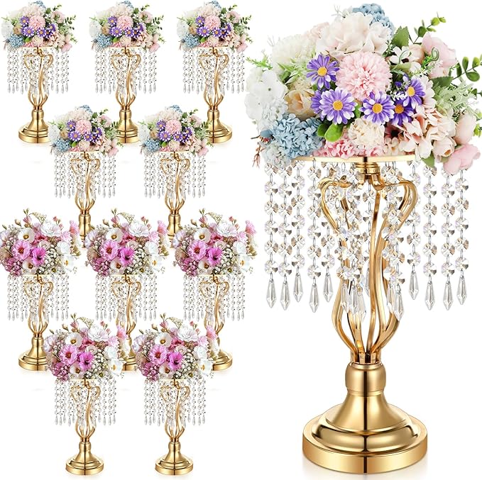 16 Pcs Wedding Centerpieces for Tables, Gold Silver Vase Centerpiece with Chandelier Crystal Metal Flower Stand, Tall Flower Vases for Wedding Party Home Decoration(Gold,12.6)
