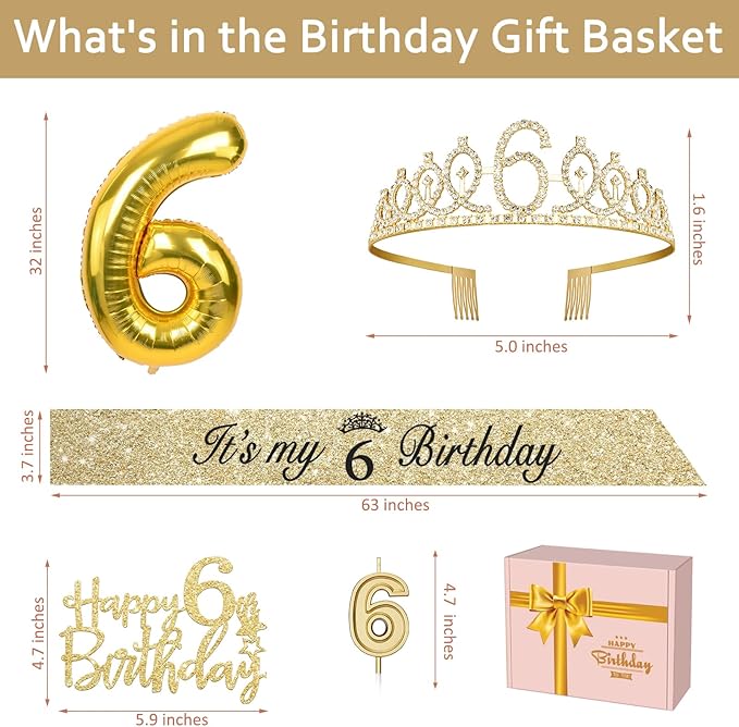 6th Birthday Decorations for Girl with 6th Birthday Sash and Tiara, Candle and Cake Topper, Number Balloon, 6 Year Old Girl Gifts