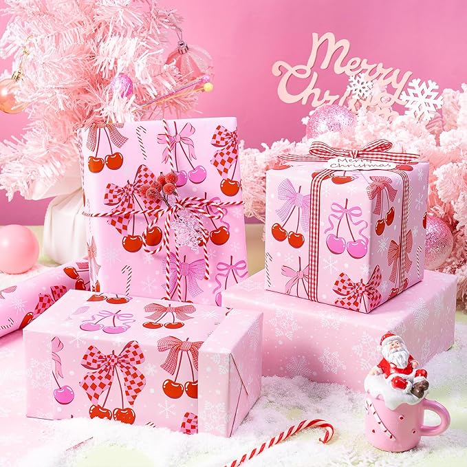 RUSPEPA Reversible Christmas Bow Wrapping Paper Roll, Mini Roll, Pink Romantic Cherry Bow and Candy Cane Design, White Snowflake Gift Wrap Paper for Girls, Women, Holiday Gifts, 17 Inches x 32.8 Feet