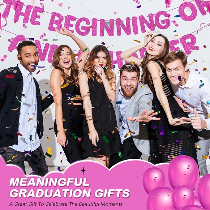 Fulmoon Pre Strung the Beginning of a New Chapter Banner, Glitter Graduation Party Decorations, Happy Retirement Supplies, Going Away Farewell New Home Job Change Party Sign Garland(Rose Red)