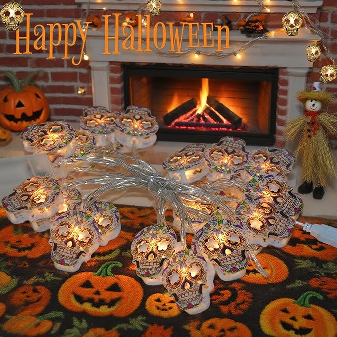Halloween String Lights,15FT 30 LED Fairy Decor Lights USB & Battery Operated (Not Included) Cute Skull String Lights 2 Modes Waterproof Fall Light Decoration for 2025 Indoor Outdoor Home Party Garden