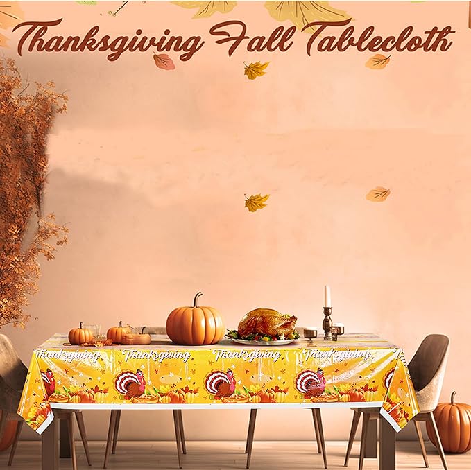 Mornajina 4 Packs 108 x 54 Inch Thanksgiving Fall Tablecloth - Plastic Autumn Maple Leave Pumpkin Table Cover for Party Decoration