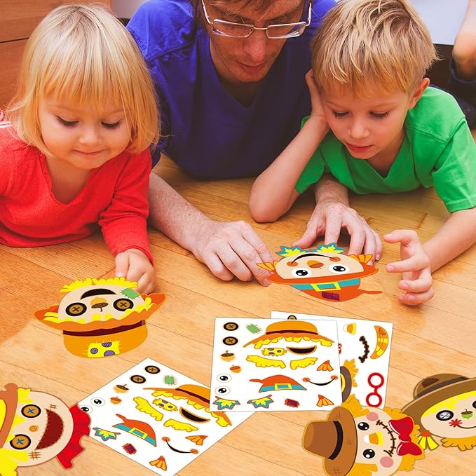 chiazllta 30 Pcs Thanksgiving Fall Crafts for Kids DIY Scarecrow Craft Kits Kindergarten Autumn Art Craft Make Your Own Scarecrow Head Set for Home Class Game Activities Preschoolers