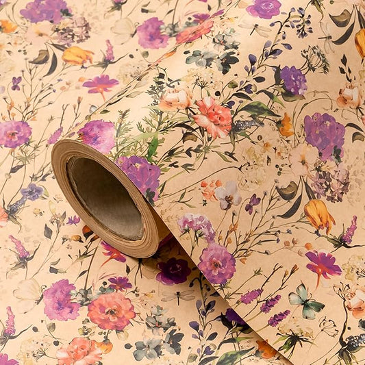 WRAPAHOLIC Kraft Floral Wrapping Paper Roll - Mini Roll - 17 Inch x 16.5 Feet - Garden Wildflower Wrapping Paper Perfect for Girls Women Birthday, Wedding, Bridal Shower