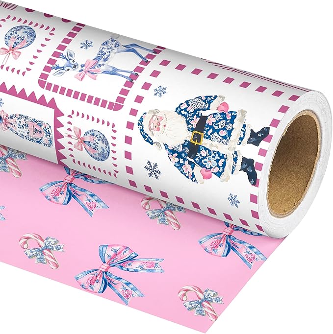 Vnaaem Reversible Chinoiserie Christmas Wrapping Paper Roll - Pink Toile Santa Claus, Reindeer, Nutcrackers, Snowman & Bow Design Gift Wrap for Holiday Party Celebration, DIY Craft - 17 In X 20 Ft(Total 28.5sq.ft)
