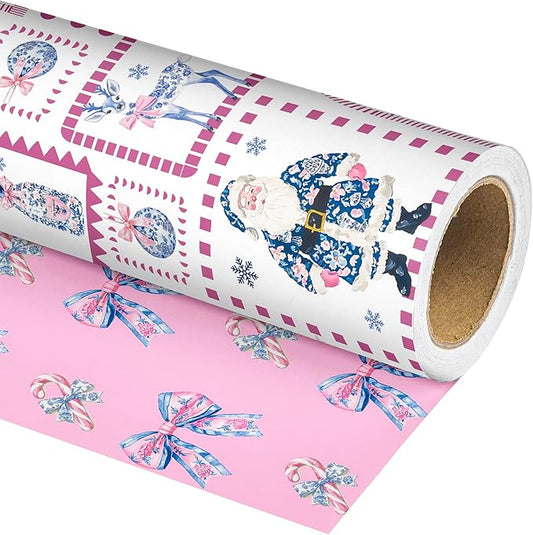 Vnaaem Reversible Chinoiserie Christmas Wrapping Paper Roll - Pink Toile Santa Claus, Reindeer, Nutcrackers, Snowman & Bow Design Gift Wrap for Holiday Party Celebration, DIY Craft - 17 In X 20 Ft(Total 28.5sq.ft)