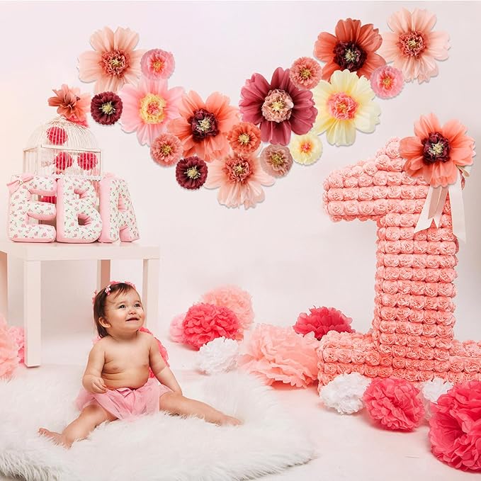 Crowye 24 Pcs Large Colorful Tissue Paper Flowers Decorations 20" Giant Fiesta Crepe Paper Flowers for Wall Decor Backdrop Mexican Wedding Birthday Baby Shower Carnival Party Craft (Vintage Color)