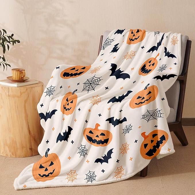 Halloween Flannel Throw Blanket – Ghost, Bat & Pumpkin Pattern – Orange Festive Blanket for Couch or Bed, W50 x L70in