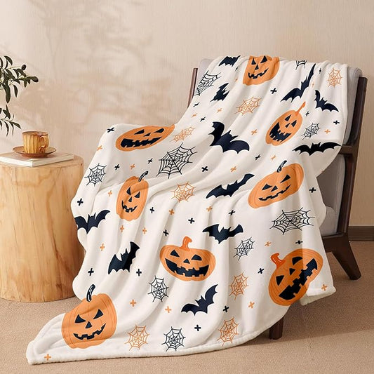 Halloween Flannel Throw Blanket – Ghost, Bat & Pumpkin Pattern – Orange Festive Blanket for Couch or Bed, W50 x L70in