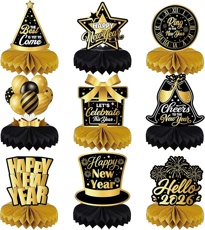 New Years Eve Table Centerpieces 2026 - Black and Gold Honeycomb Table Decorations, New Year's Eve Party Supplies for 2026 NYE Celebration