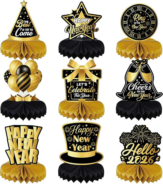 New Years Eve Table Centerpieces 2026 - Black and Gold Honeycomb Table Decorations, New Year's Eve Party Supplies for 2026 NYE Celebration