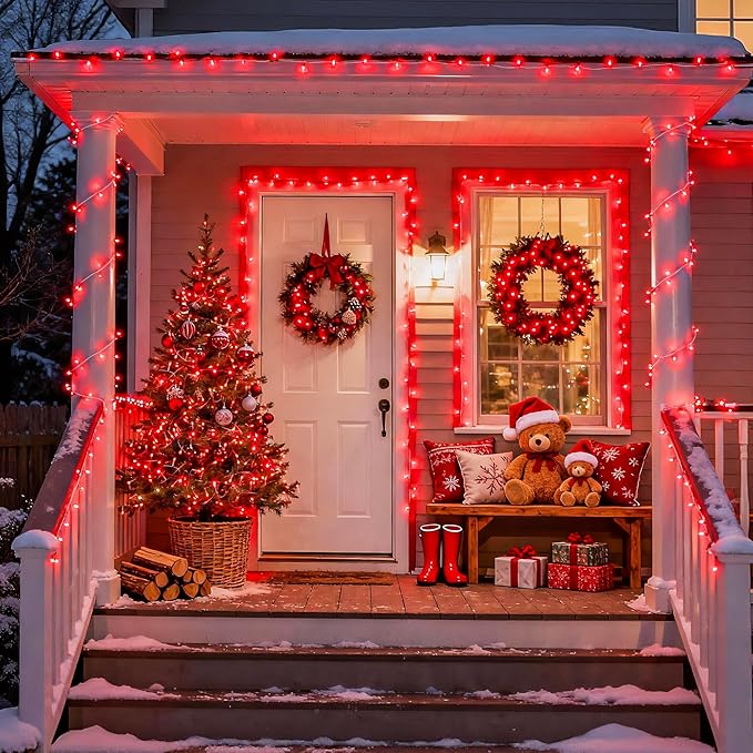 JMEXSUSS 33ft 100 LED Red Christmas Lights, Connectable 8 Modes Room String Light Indoor Plug-in, Clear Wire Red Christmas Tree Lights Outdoor Waterproof for Xmas Bedroom, Party