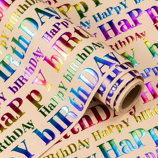 WRAPAHOLIC 3D Kraft Birthday Wrapping Paper Roll - Mini Roll - 17 Inch x 16.5 Feet - Brown and Colorful Foil Happy Birthday Wrapping Paper with Embossed for Kids Boy Girls, Baby Shower