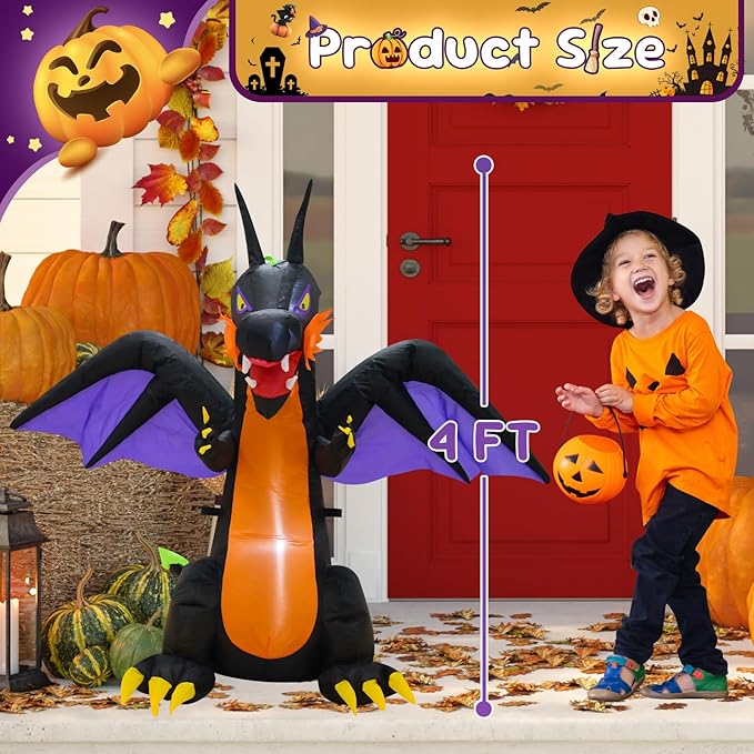 4FT Purple Dinosaur Halloween Inflatable Decor Helloween Blow Up with LED Lights Indoor Outdoor Holiday Party Yard Graden Decoration
