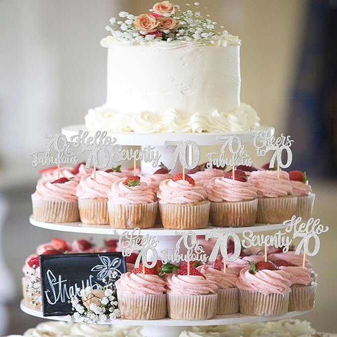 30PCS Happy 70th Birthday Cupcake Toppers Glitter Hello 70 Fabulous Seventy Cheers to 70 Years Old Birthday Cupcake Picks for Happy 70th Birthday Anniversary Party Cake Decorations Supplies Silver