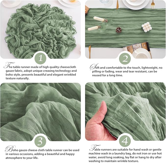 10 Pack Sage Green Table Runner 120 Inch Cheesecloth Table Runner 10FT Boho Gauze Table Runner Long Cheese Cloth Table Runner Semi Sheer Runners for Wedding Bridal Baby Shower Party