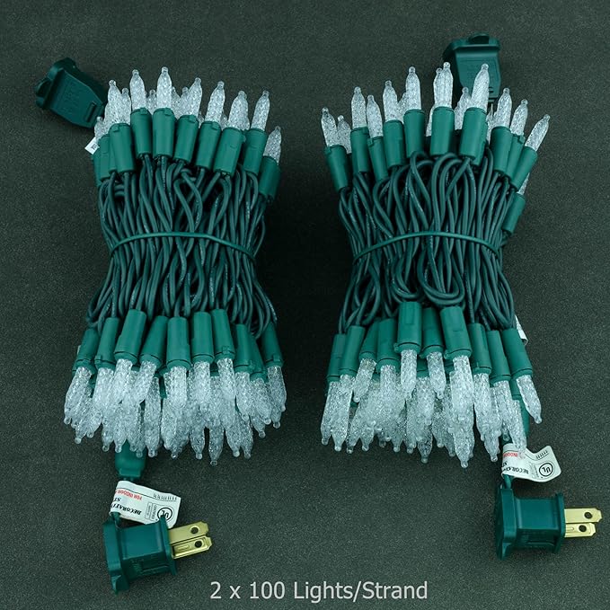 YULETIME Cool White Faceted LED Christmas Lights 200 Count 50 ft, Pack of 2 Strands 25 ft 100 Lights UL Certified Commercial Grade Green Wire Holiday String Light Set (Cool White)