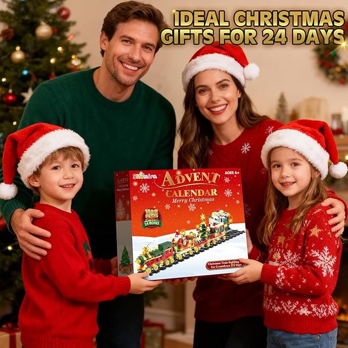 Shemira Advent Calendar 2025 Christmas Train Building Toy Set with Lights, 24 Days Christmas Countdown Calendar Building Blocks, Xmas Gifts Toys Decoration for Kids Teens Adults Boys Girls, 1122 PCS