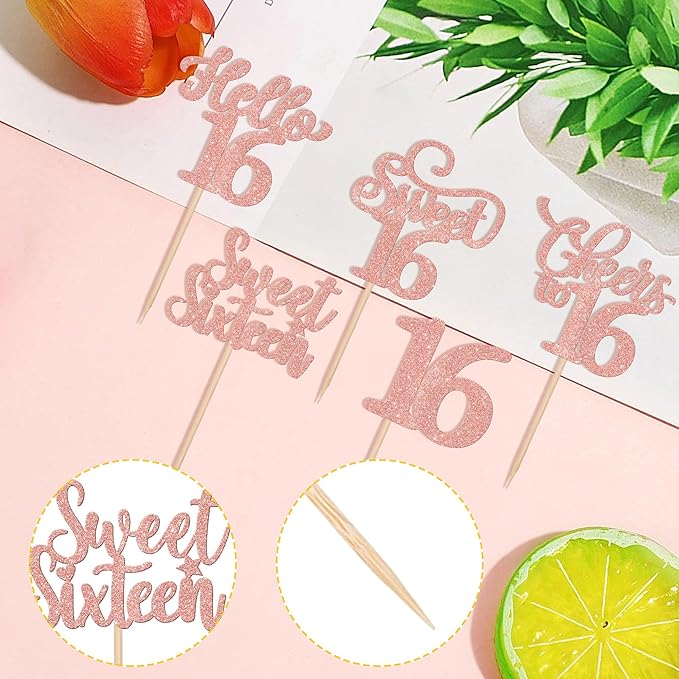 30PCS Happy 16th Birthday Cupcake Toppers Glitter Sweet Sixteen Hello 16 Cupcake Picks Cheers to 16 Birthday Decorations for 16th Anniversary Party Cake Decoration Supplies Black