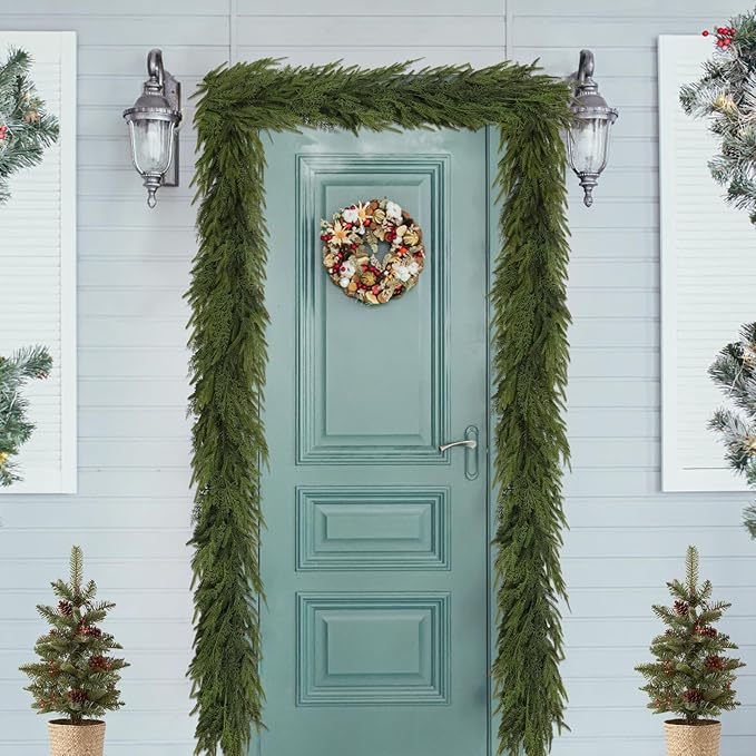 9FT Christmas Garland for Decoration Home Indoor Outdoor, Realistic Christmas Pine Garland Artificial Real Touch Greenery Cedar Garland Mantel Window Table Wall Holiday Thanksgiving Winter Décor