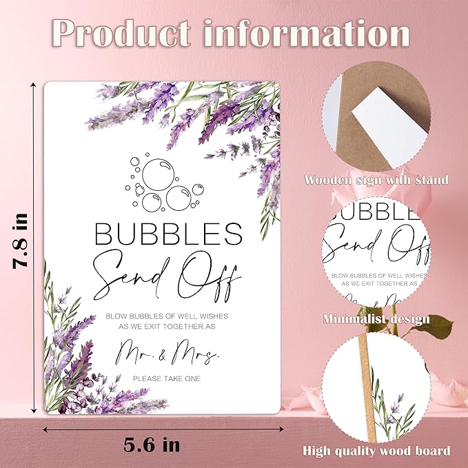 Wedding Bubble Send Off Sign, Lavender Bridal Shower Decorations, Engagement Party Decor, Centerpieces for Tables, Purple Floral Wooden Sign with Stand for Wedding Reception And Bridal Party Decor, 33