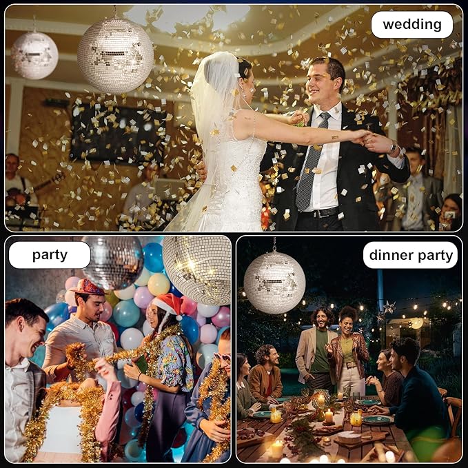 Large Disco Ball Decorations, Silver Rotating Glass Mirror Ball Hanging Big Discoball for Outdoor Ceiling Mount DJ Club Lighting Holiday Easter Party (12/16/20Inch) 16inch