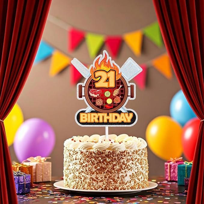 Barbecue Cake Topper 21st Birthday Happy BBQ Sausage Decorations for Men and Women Birthday Party, Summer Outdoor Picnic Party, Anniversary Friends Family Event Gathering Cooking Grill Decoration