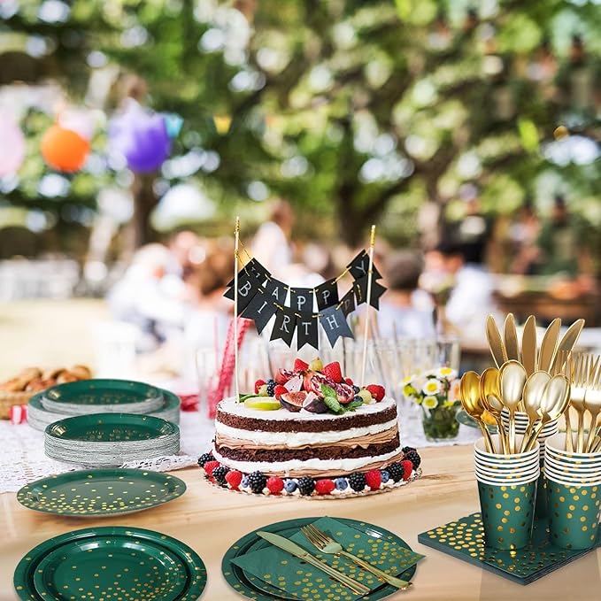 175Pcs Green Plates and Napkins Party Supplies, Green and Gold Party Decorations for Birthday Graduation Party Decorations Serve 25