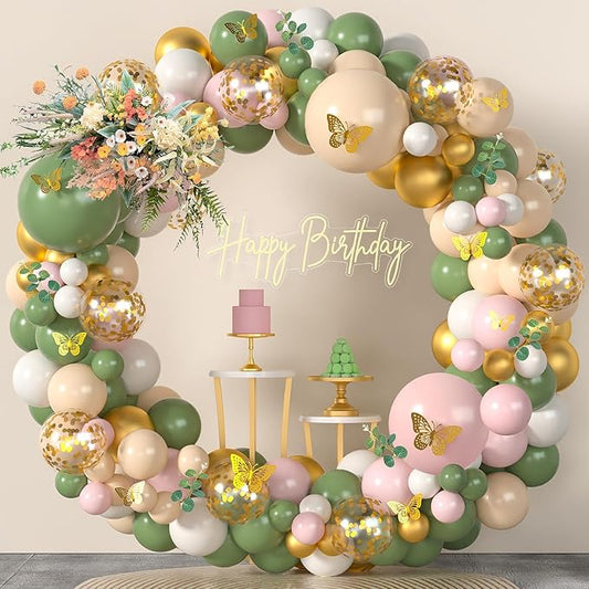 Sage Green Pink Balloon Arch Kit 153Pcs Light Pink Olive Green Blush White Gold Latex Confetti Balloons Garland Artificial Eucalyptus 3D Butterfly for Baby Shower Birthday Party Decorations