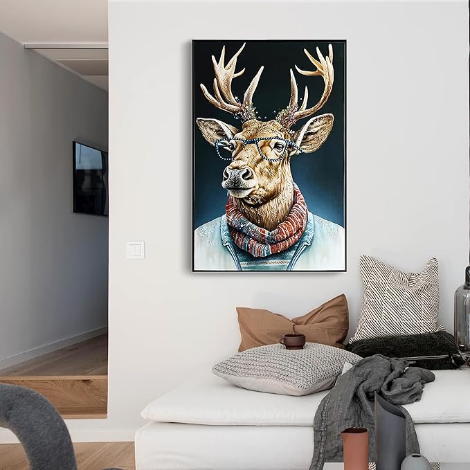 YPGEAME Deer Pictures Wall Decor, Framed Wall Art, Deer with Blue Glasses And Red Scarf, for Halloween and Christmas Decorations in Living Rooms, Bedrooms, and Offices, 24×36 in