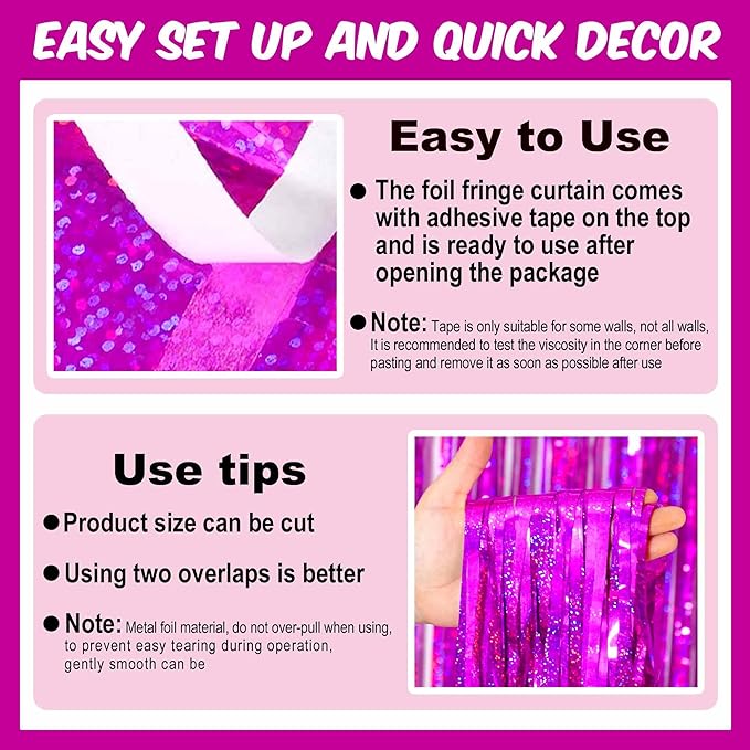 6 Pack Fuchsia Foil Fringe Curtains Backdrop, 3.28 x 8.2 Ft Metallic Streamers Tinsel Curtains Background for Photo Booth, Birthday, Christmas, Halloween, Thanksgiving, New Year Party Decorations