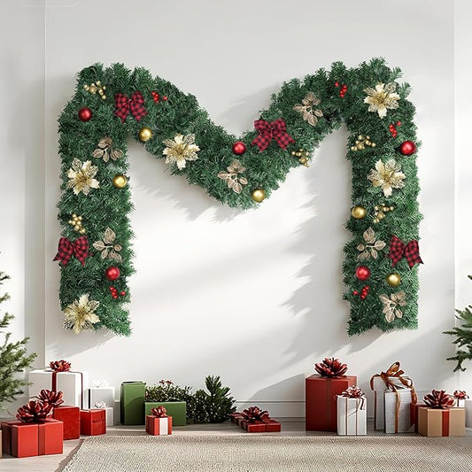 9FT Christmas Garland with Lights, Pre-Lit Garland for Christmas Decorations with, Bows, Berries, Balls, Flowers, Leaves, 50 LED Lights，Battery Powered Outdoor Indoor Christma Decorations