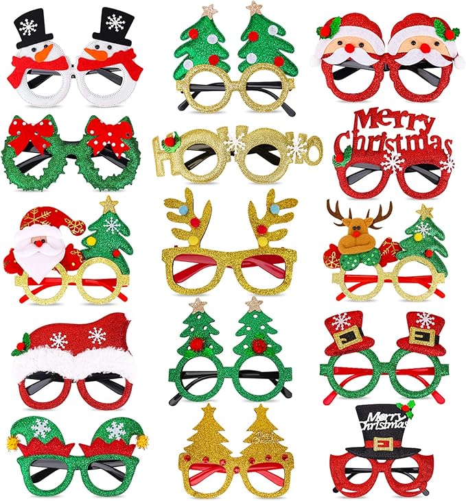 15 Pcs Christmas Glasses Frame Glitter, Costume Eyeglasses Frames Photo Booth Supplies, Xmas Photo Props Eyewears Party Favors Supplies for CHristmas Dinner Picnics Holidays