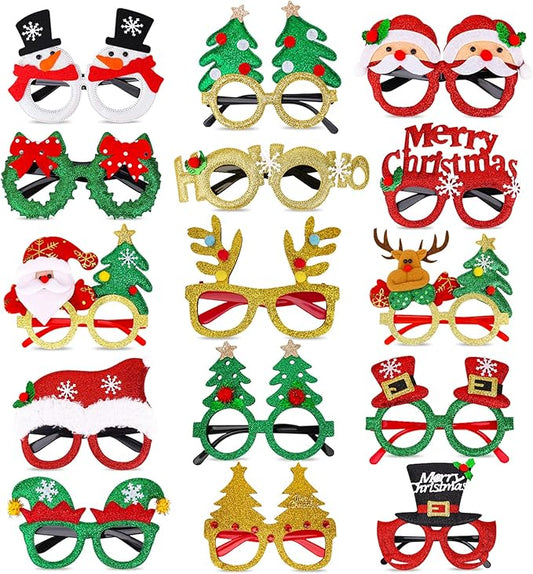 15 Pcs Christmas Glasses Frame Glitter, Costume Eyeglasses Frames Photo Booth Supplies, Xmas Photo Props Eyewears Party Favors Supplies for CHristmas Dinner Picnics Holidays